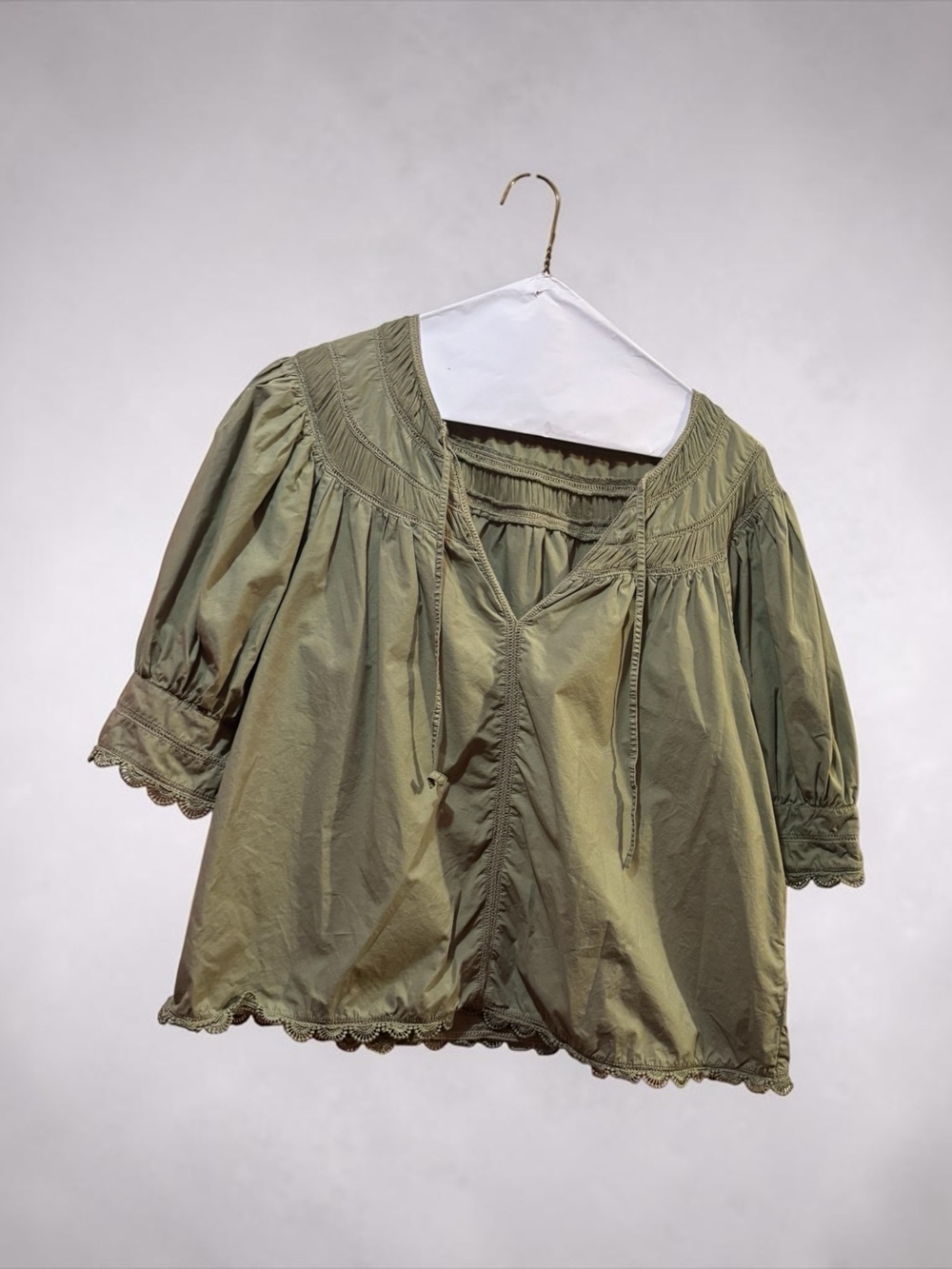 Ulla Johnson Olive Green cotton lace trim puff sleeve Peasant Blouse size 8